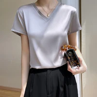 2024 Summer Basic Solid Women's T-Shirts V-Neck Short Sleeve Tees Tops  Satin Silk Elegant Thin Shirts for Female - Image 5
