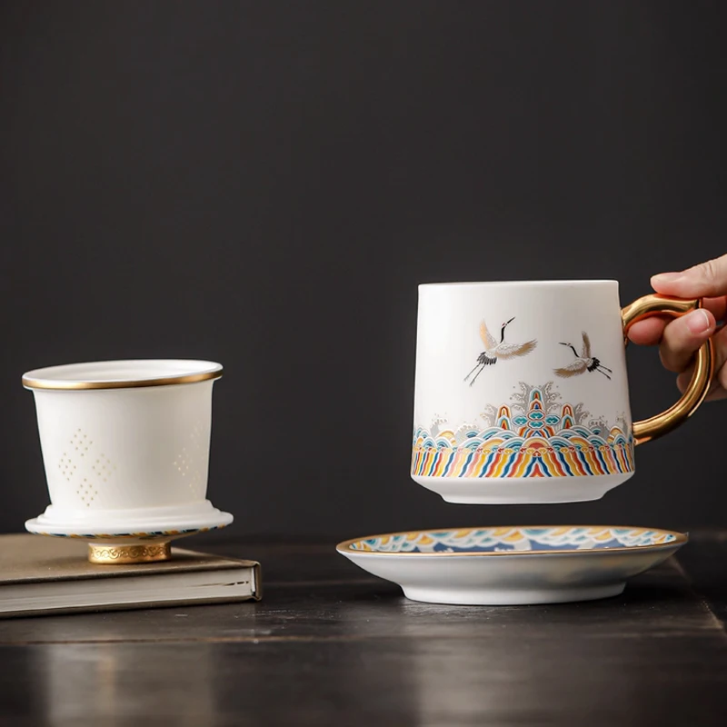 Creative Ceramic Hand Drawn Pattern Cups, Household Office Items Porcelain Filtered Tea Water Separation, Mugs Plate Combination