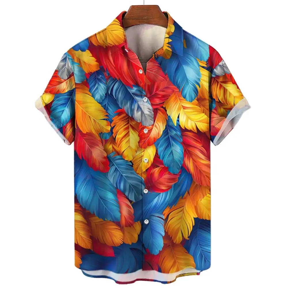 Summer Hawaiian Shirts Casual Men's Shirts Feather Print Shirts for Men Lapel Short Sleeve Men's Clothing Loose Aloha shirts 2