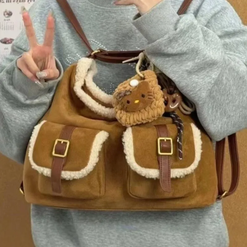 Retro Faux Suede Brown Tote Bag Women Fuzzy Trim Large Capacity Shoulder Bags Ladies Stain Resistant Multi Functional Backpack
