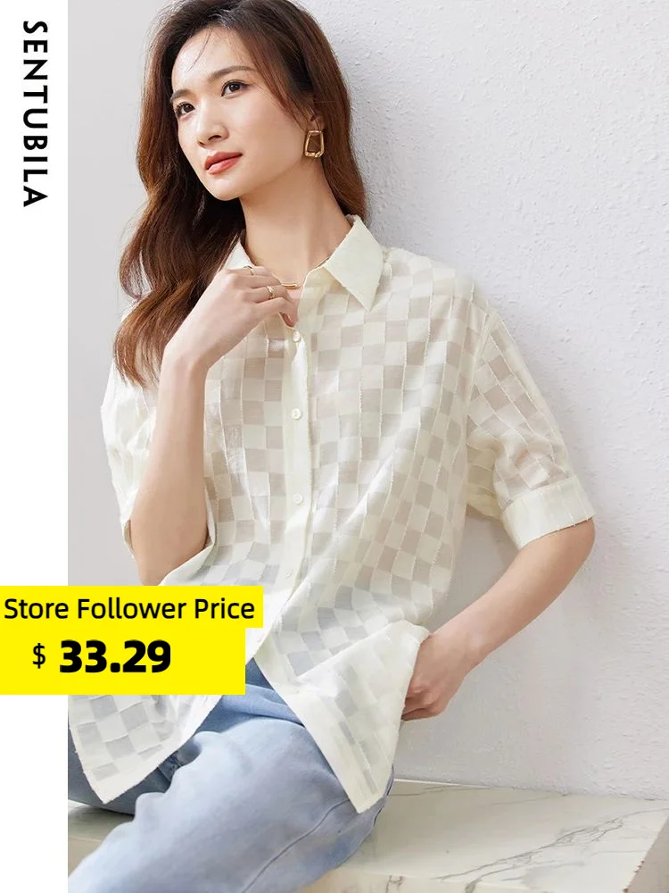 

Sentubila Elegant Women's Plaid Shirt Ladies Blouses Summer 2023 Short Sleeve Thin Breathable Loose Straight Tops Female Shirts