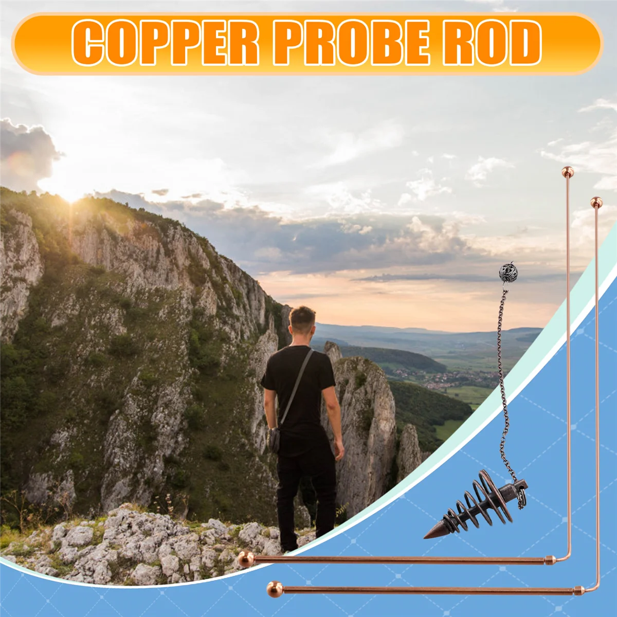 A62T-Copper Dowsing Rods-99.9% Pure Copper 2PCS Divining Rods Energy Water Witching Detector with Pendulum Pendant