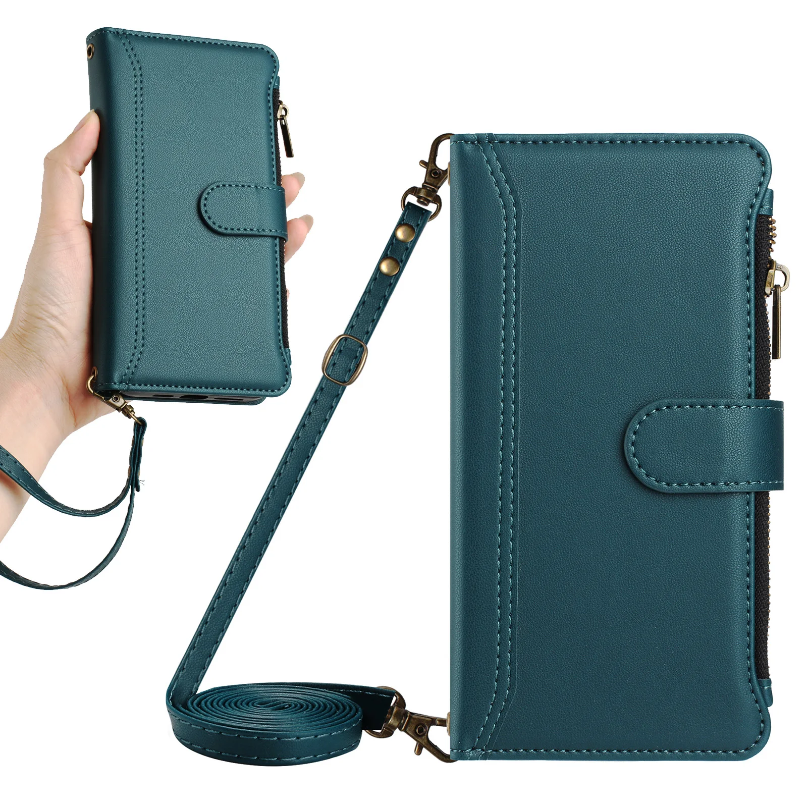 Multi-Card Leather Shoulder Wallet Case with Wireless Charging and Lanyard Flip Cover