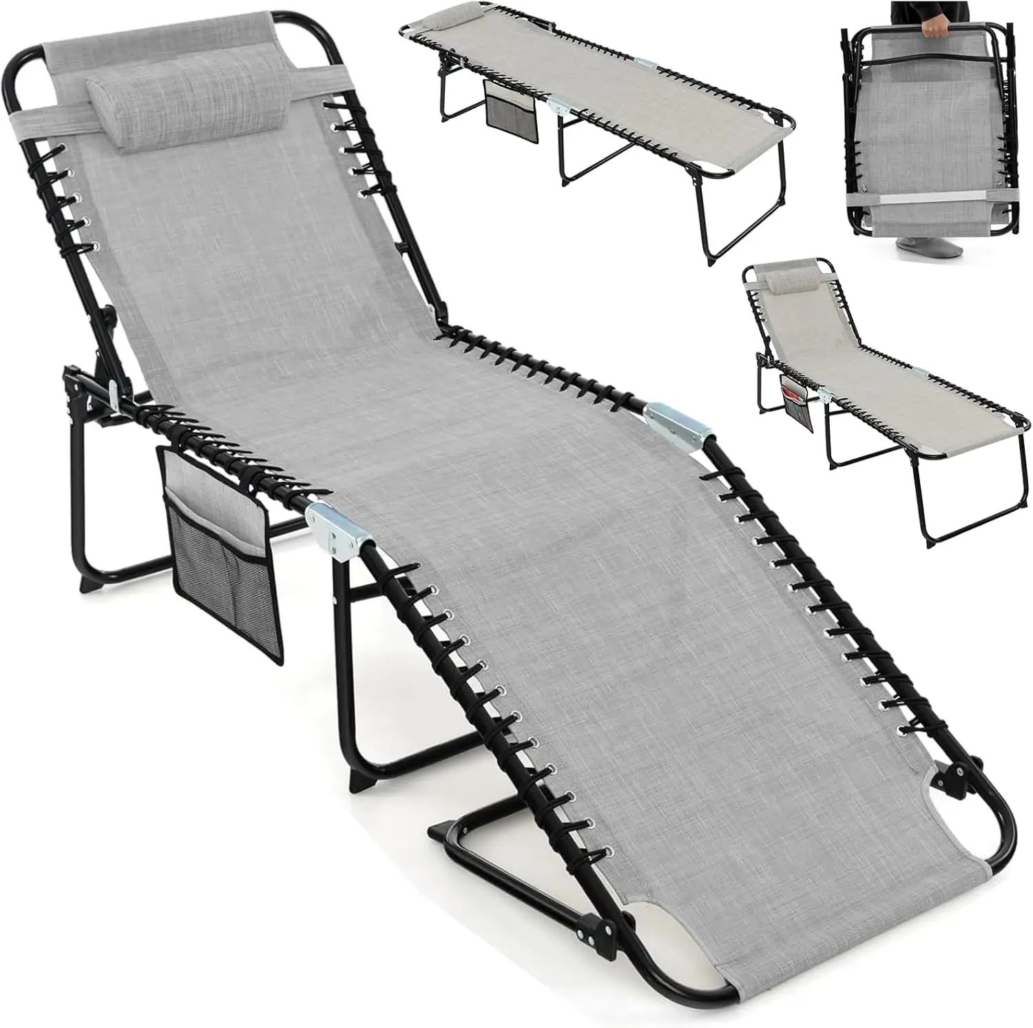 Patio Lounge Chairs for Outside - Folding Tanning Chair w/Headrest, 4 Adjustable Positions, Side Pocket, Outdoor Chaise Lounge