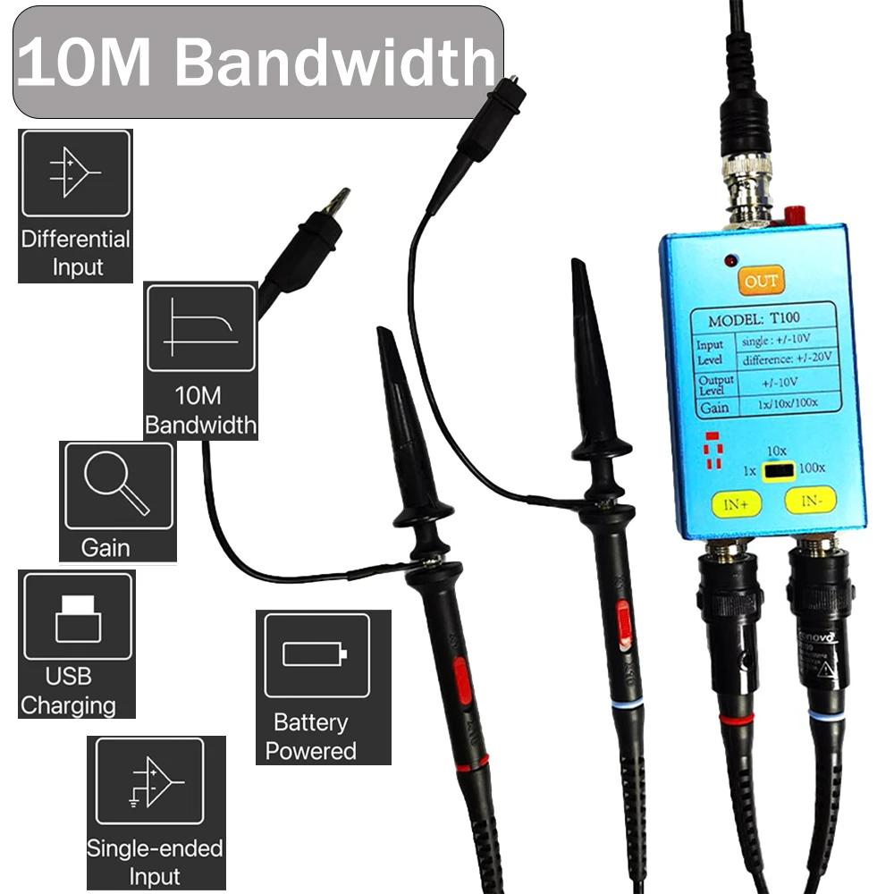 1x/10x/100x Oscilloscope 10M Bandwidth Differential Probe DDS Gain