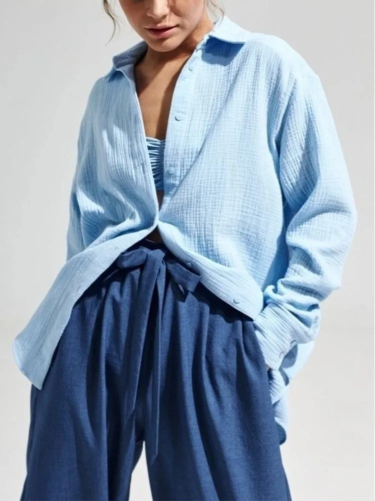 

Women's 100% Cotton Crepe Shirts 2023 Spring Office Lady Cozy Elegant Blouse Long Sleeve Loose Tops Cardigan