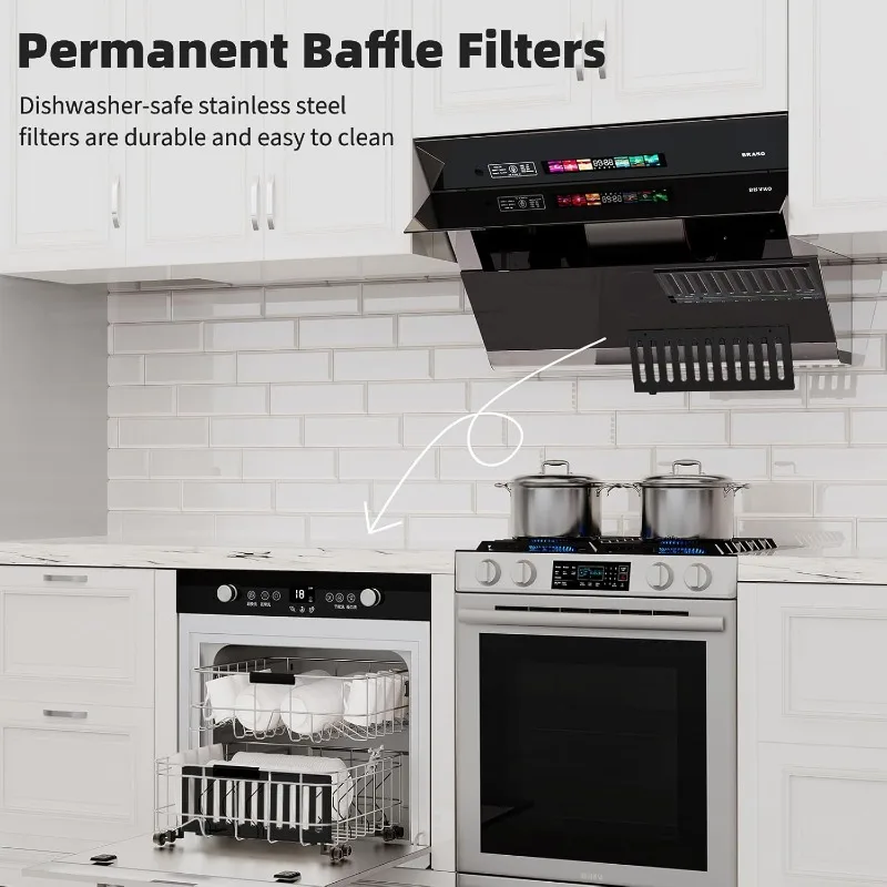 BRANO Range Hood 30 inch with 900CFM, Voice/Gesture Sensing/Touch Control Panel, Unique Side-Draft Design Under Cabinet Modern
