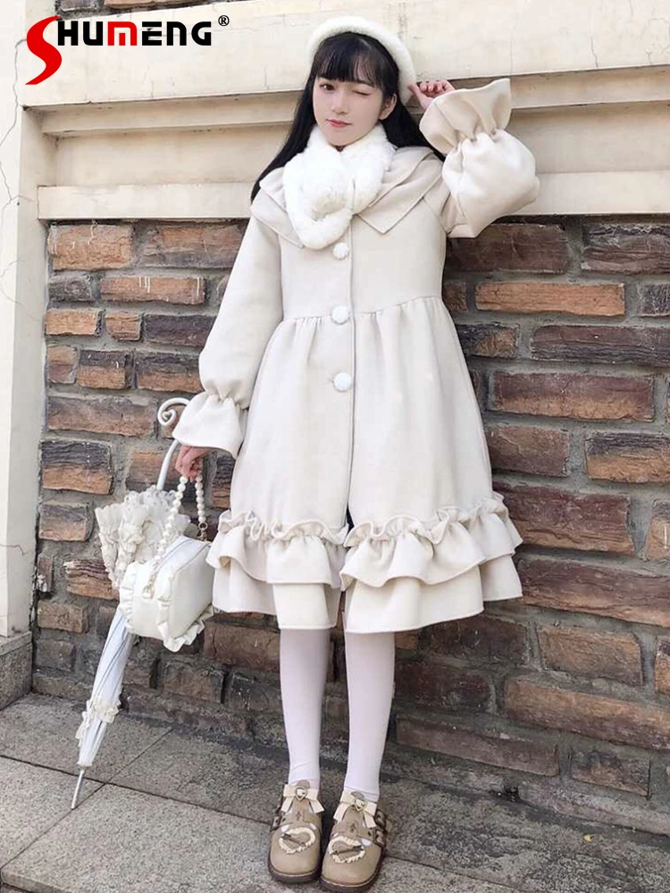 Original Lolita Sweet Lace Collar Woolen Trench Coat 2023 Autumn and Winter New Ladies Long Sleeve Warm Mid-length Tweed Jacket