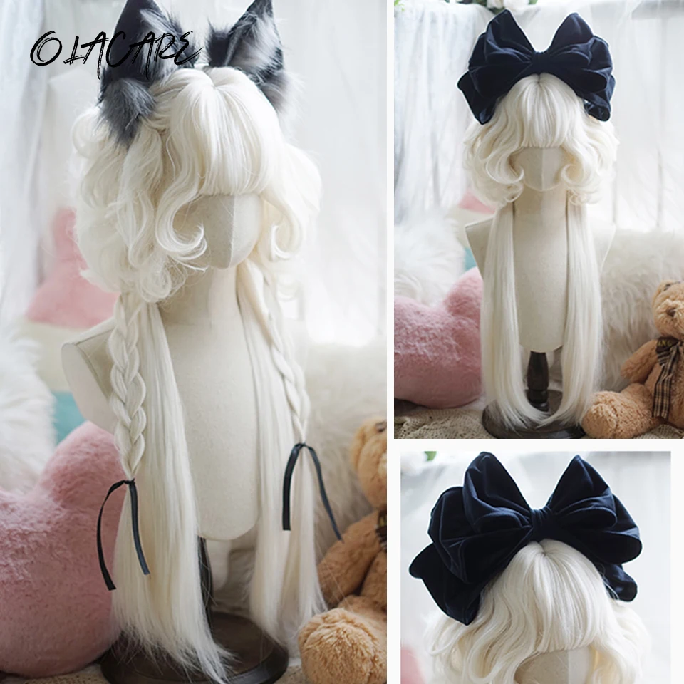 White Synthetic Curly Wig with Elf Ears for Women Costume