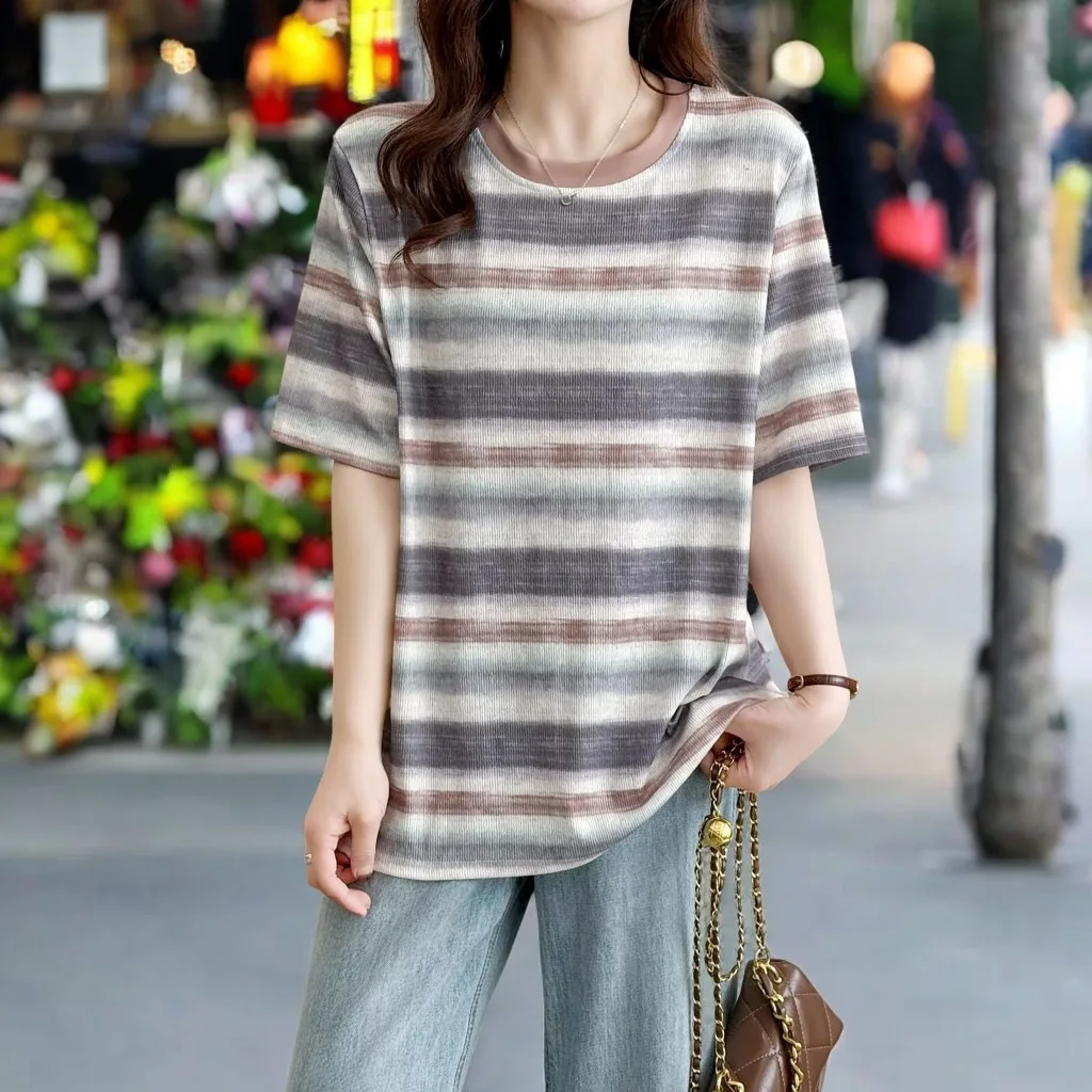 100kg Summer Top New Style Casual Tie Dye Colour Strip Short Sleeve Tees Plus Size Women's T-shirt 8295