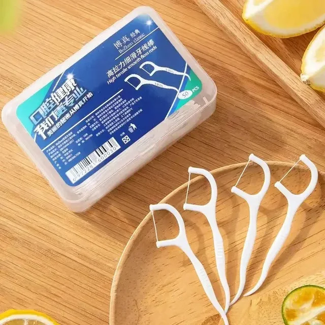 50Pcs/Box Portable Disposable Dental Floss Plastic Toothpick High-tension Dental Floss Stick Dental Floss Box ﻿Oral Care 치실 디스펜서 1