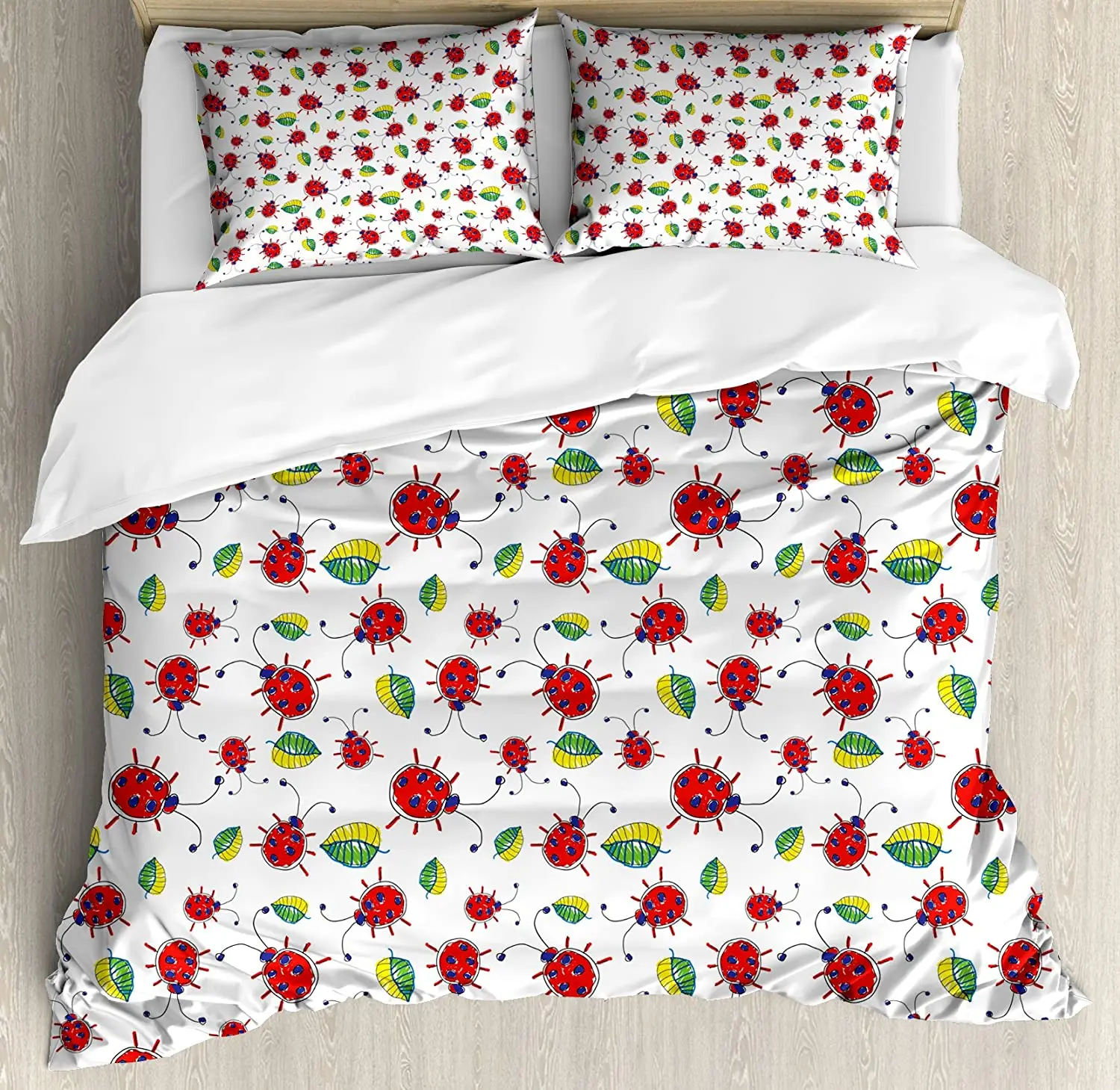 Ladybugs Bedding Set Cute Hand Drawn Doodle Cartoon Leafs B 3pcs Duvet Cover Bed Quilt Pillow Case Comforter |