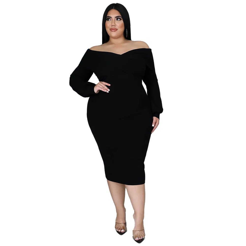 

FS 2022 Sexy Twist Top Long Sleeve V Neck Women's Plus Size 4XL Off Shoulder Pencil Midi Dress For Women Blue Black Red White