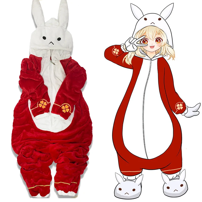 Genshin Impact Klee Cosplay Rabbit Kigurumi Pajama Cute Girls Anime Cartoon Bunny Costumes Sleepwear Outfit Jumpsuit