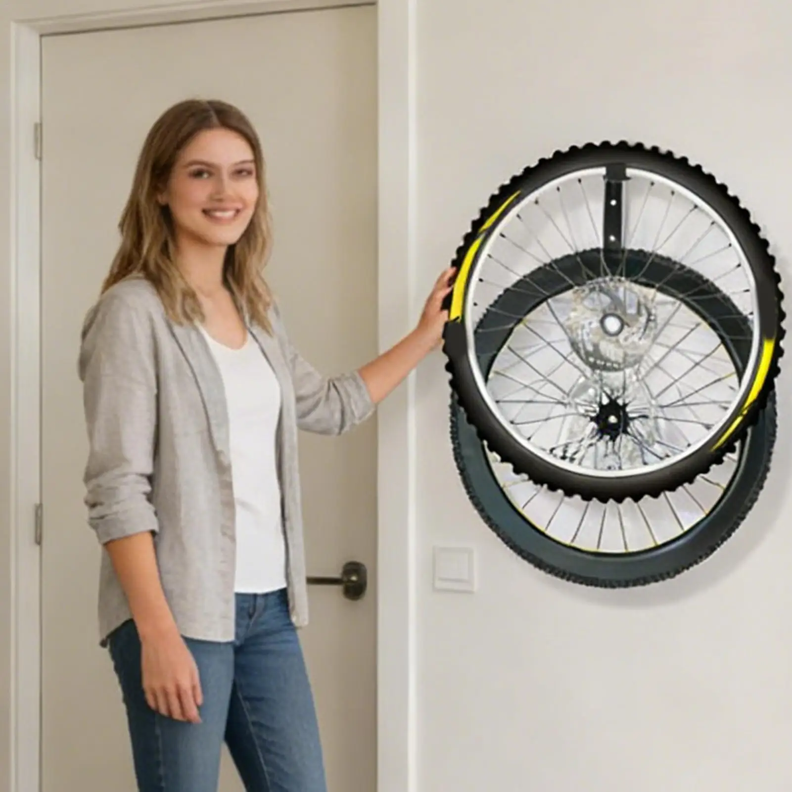 1/2 Stück vertikaler Fahrradhaken mit Reifenablage, robuste Wandhalterung aus Stahl zur Organisation von Ersatzreifen für Zuhause, Garage, Keller – Detail 10