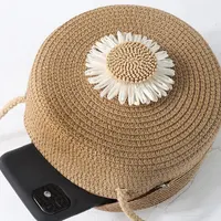 Flower Graphic Circle Straw Bag, Vintage Shoulder Beach Bag, Women's Crossbody Purse Mini Floral Decor Straw Crossbody Bag - Image 4
