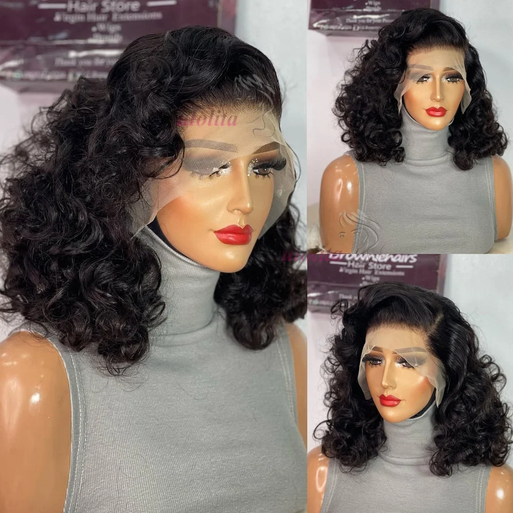 Bouncy Loose Wave Super Double Drawn Vietname Hair 13x4 Bob Wig with Human Hair Nature Black 250% Density For Black Women