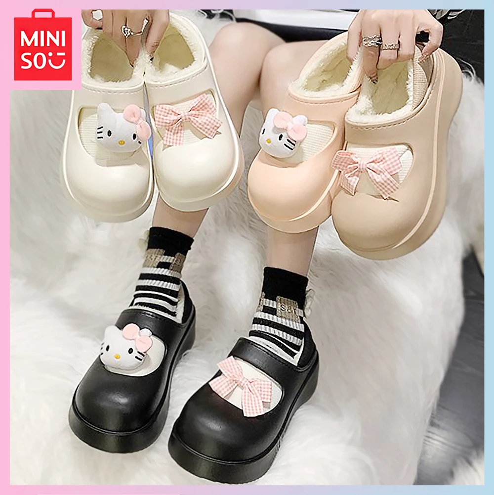

Miniso Hello Kitty Kawaii Bow Plush Cartoon Home Indoor Thick Bottom Comfortable Baotou Fur Cotton Slippers Girls Birthday Gift