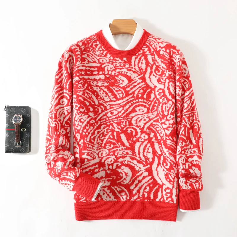 Christmas Red Jacquard Long Sleeve Wool Sweater for Men Knitted Jumper Thickened Cold Cold-Proof Sweaters Autumn Winter Pullover