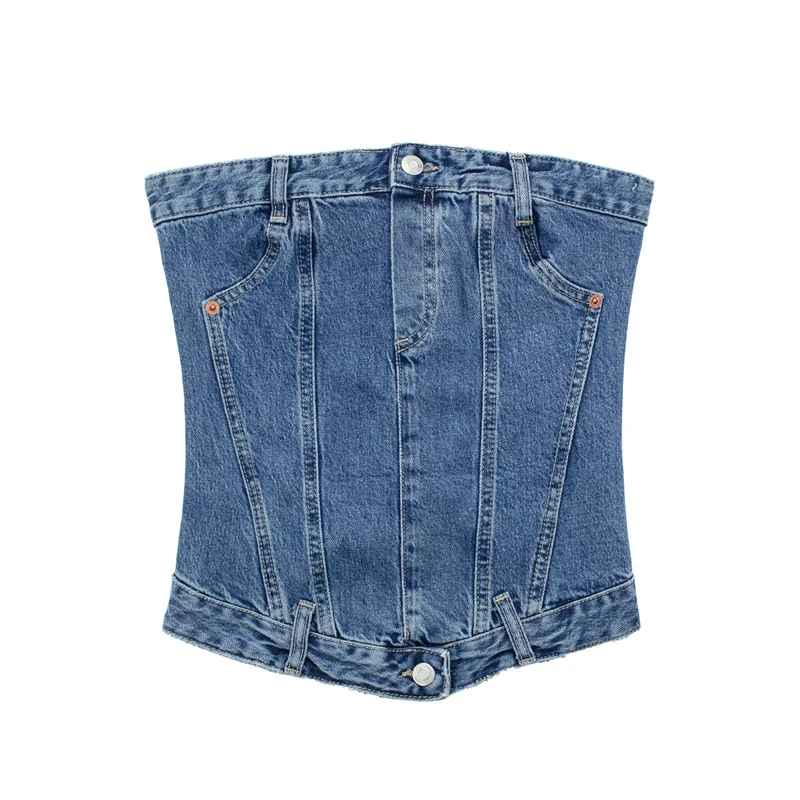 

Summer New Fashion Denim Straight Collar Tube Top Vest Versatile Elastic Corset Slim Wrap Chest Top