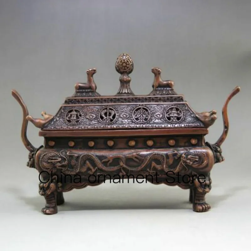 

Tibetan Buddhism Red Bronze Eight Auspicious Symbols Dragon Beast Incense Burner Censer