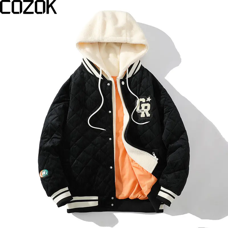 

College Style Hooded Parkas Jacket Men Harajuku Letter Embroidery Thicken Warm Two Fake Pieces Padded Coats Women Outwear