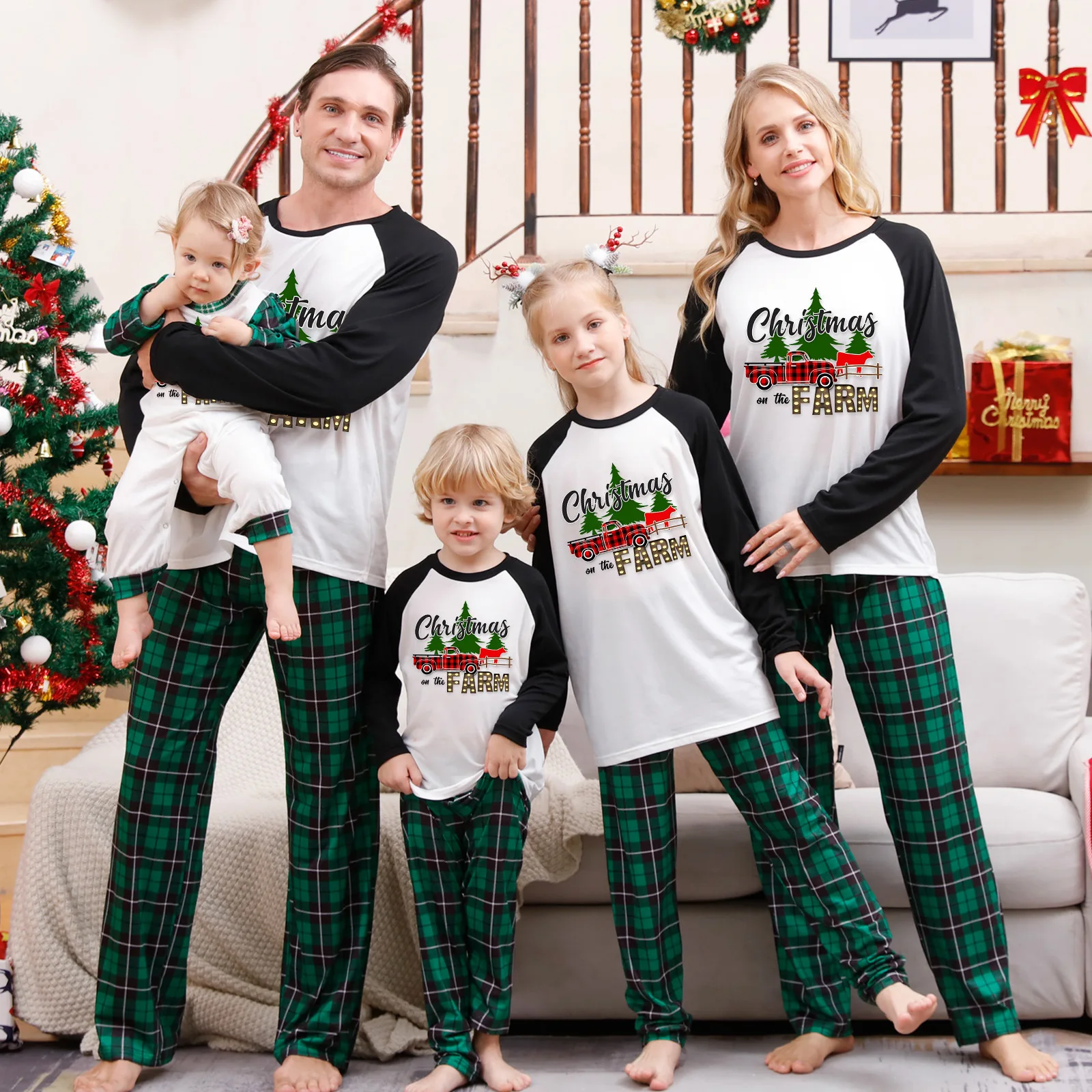 Conjuntos de ropa de estar por casa navideña Conjunto de pijama verde para mujer adulta Conjunto de pijama para la familia