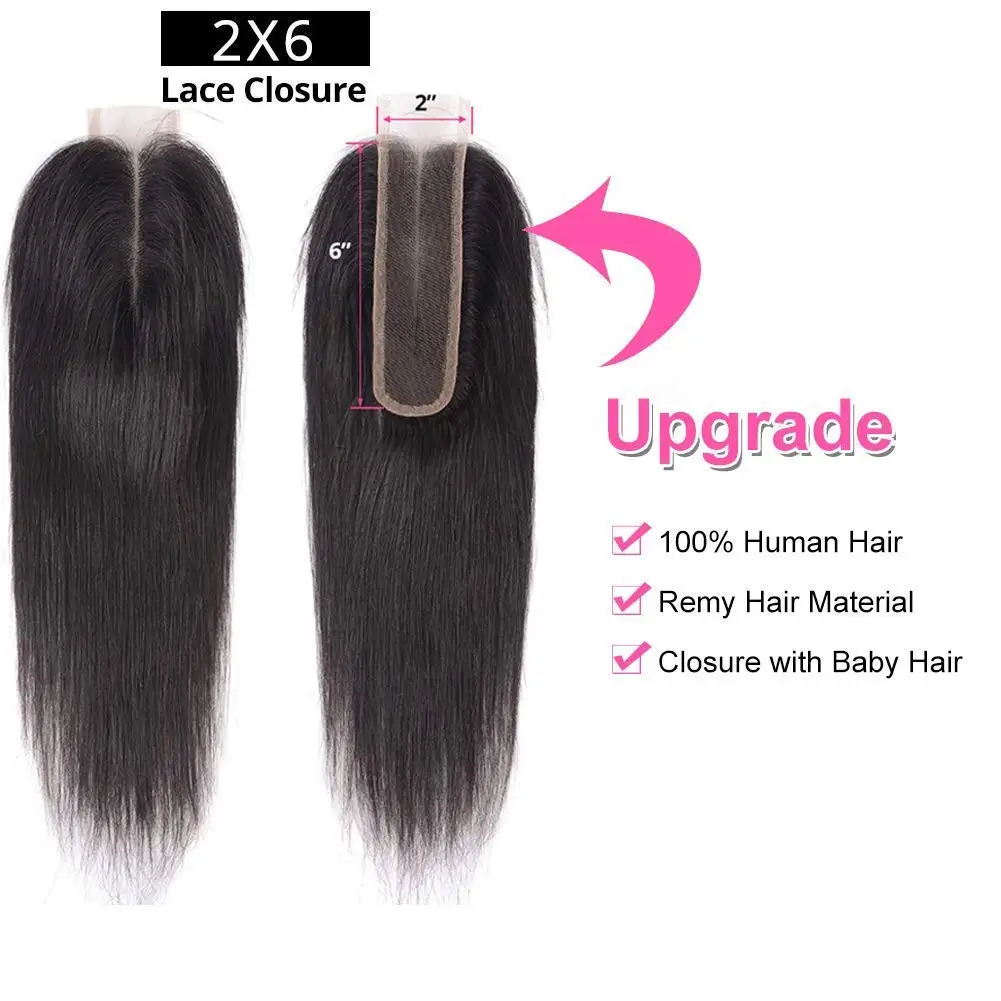 2x6 HD Lace Closure 26inch 150% Straight Natural Color Brazilian Human Hair Kim K Middle Part 2&times;6 Lace Closure Hd