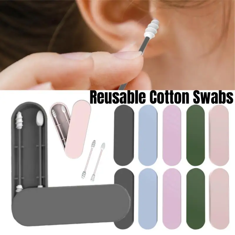 2PCS /Set Silicone Ear Swabs, Reusable Cotton Swab Earpick Kit with Box Portable Double-Headed