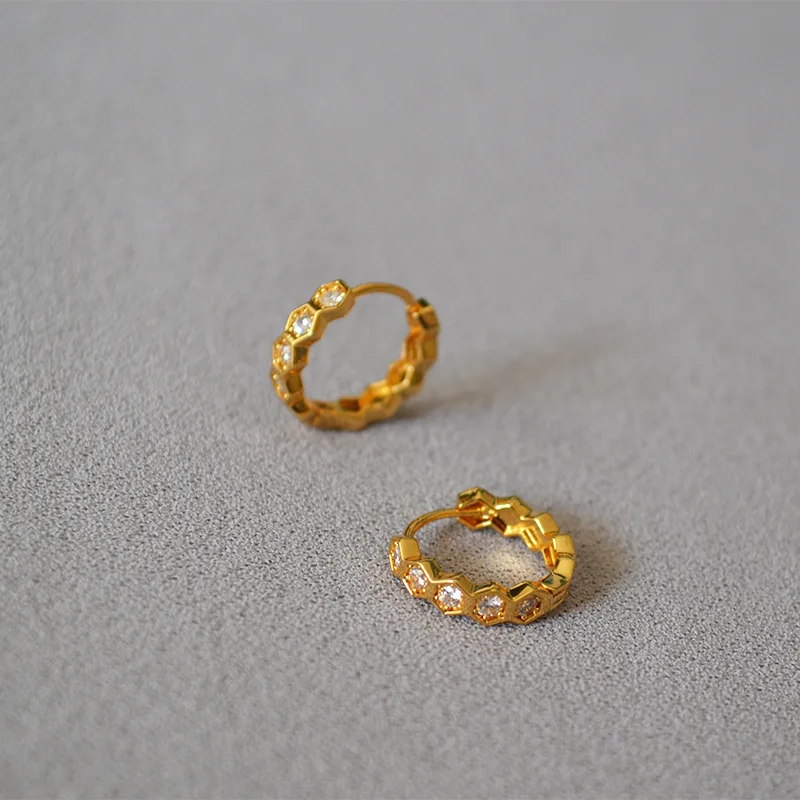 18K Gold Plated Glitter Diamond Earring Hexagonal Honeycomb Zircon Decor Brass Hoop Earrings