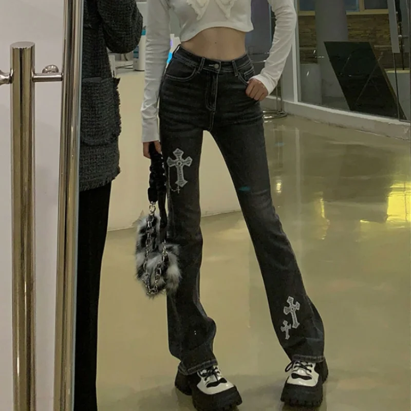 Harajuku Gothic High Waist Chic Denim Pants Women Streetwear Y2k Cross Embroidery Slim Flare Pants Female Vintage Jeans Trousers