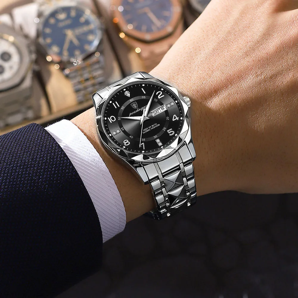 POEDAGAR Fashion Men's Watches Big Arabic Numerals Dial Male Wristwatch Waterproof Luminous Date Week Original Quartz Watch Man 4
