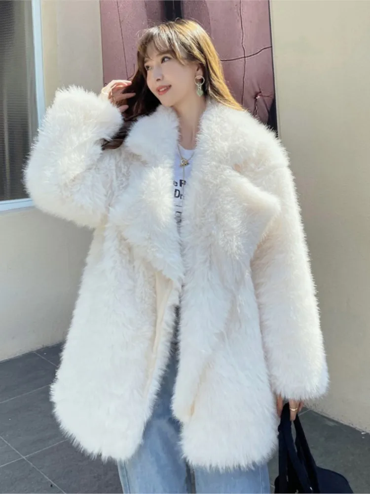

Women White Faux Fur Coat Pink Faux Fox Fur Coat Winter 2023 Elegant Luxury High Quality Furry Outwear Mid-length Overcoat