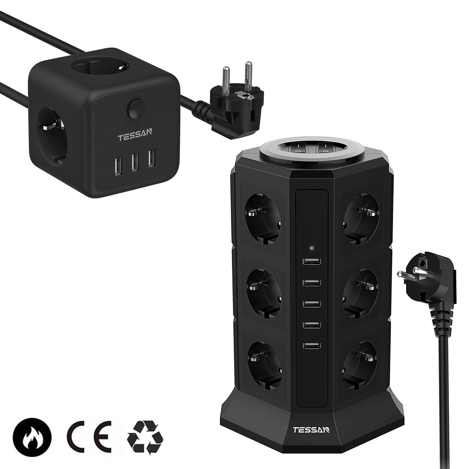 Striscia Presa A 12 Vie Tessan, Ciabatta Multipresa, Torre Presa E 5 Porte Di Ricarica Usb Con Cavo Da 2.0M Con Protezione Contro Le Sovratensioni