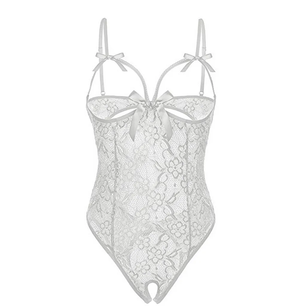 Sexy Lingerie Bodysuit For Women Lace Open Crotch Hollow Out Nightwear Solid Color Hot Sleepwear Floral Print Bownot Catsuits