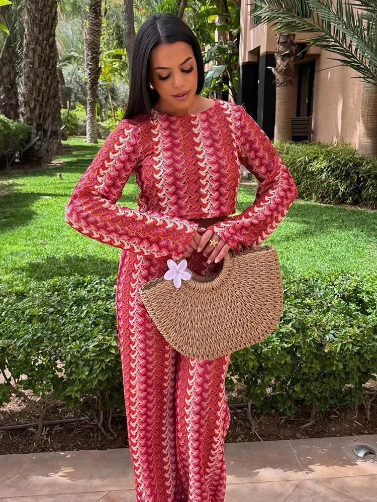 Crochet Knitting Pant Sets 2 Pieces For Woman Outfits 2025 New Fashion Long Sleeve Top Women's Suit Casual Two Pieces Set