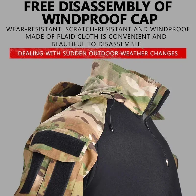 Men's Tactical Shirts Long Sleeve Combat T Shirt Hooded Tops Cotton Camo Uniform Airsoft Shirts Men Clothing Windproof Hunting 4