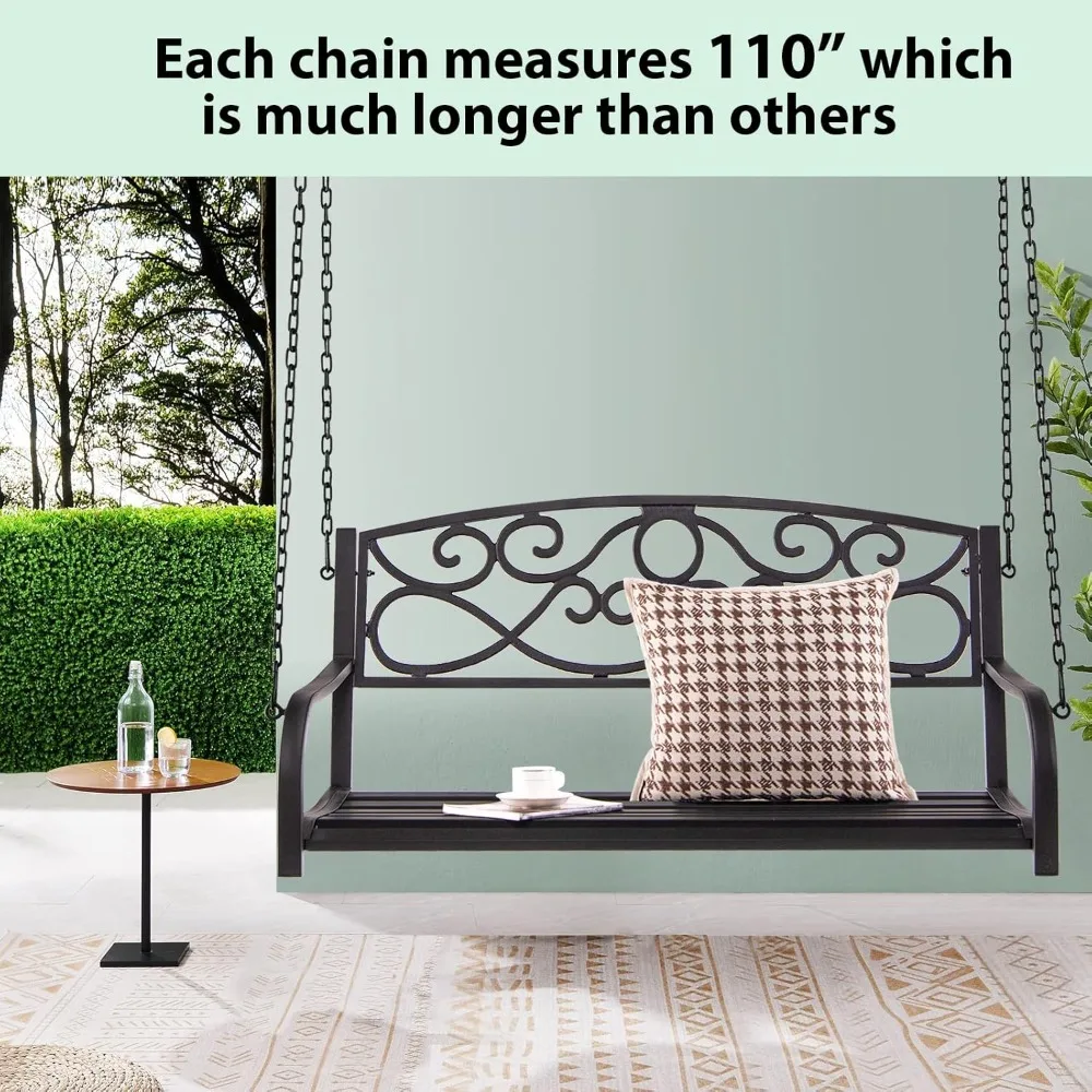 Metal Porch Swings 2 Person Outdoor Hanging Garden Bench, Wide Seat & Curved Armrests, 485 Lbs Weight, Patio Swings 2