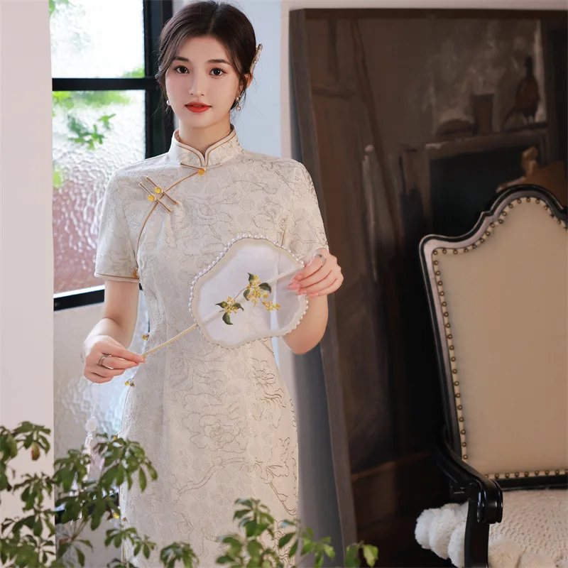 

Spring Elegant Mandarin Collar Chiffon Knee-Length Qipao Retro Chinese Women Short Sleeve Embroidery Lace Cheongsam Dress