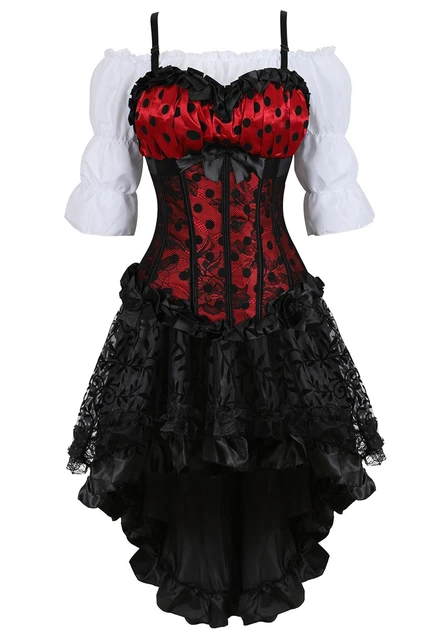 Corset 3 Piece Outfits for Women Steampunk Polk Dot Lace Bustiers