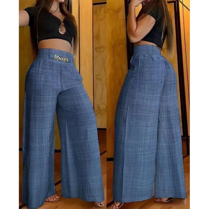 

Women Trousers High Waist Solid Color Wide Leg Pants Summer Chic Loose Elegant Metal Flared Office Ladies Straight Holiday Pant