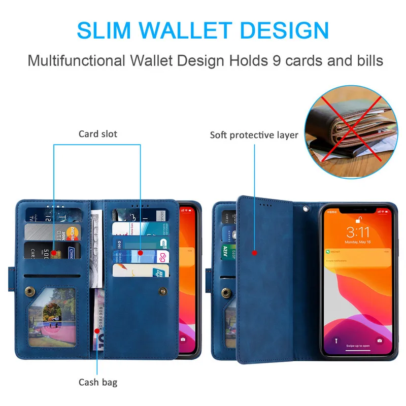Premium Flip Leather Wallet Case with Zipper and Multi-Card Slots