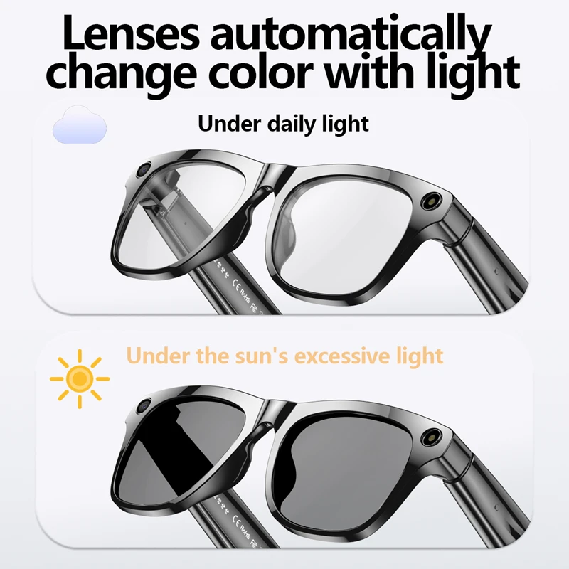 AI Smart Glasses 4K HD Photochromic Glasses Video Recording Wireless Bluetooth Call Voice Assistant Music Translate