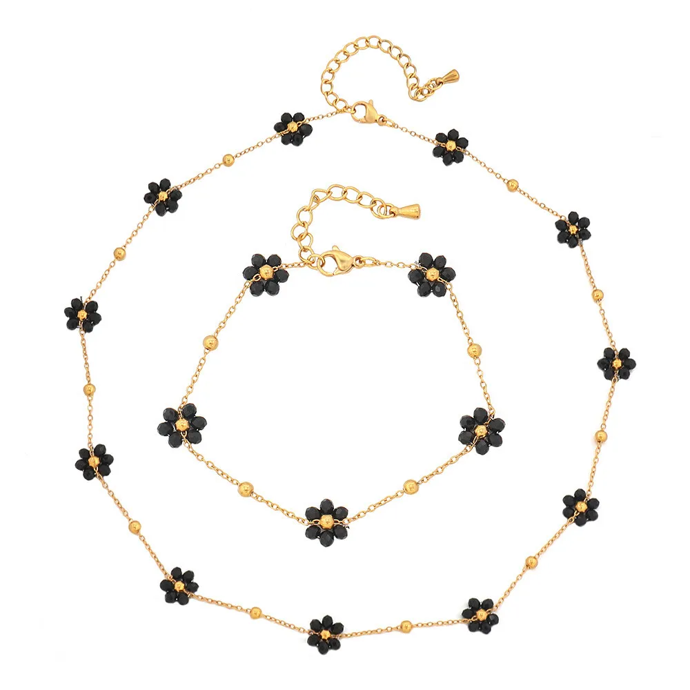 Black Spinel Daisy Flower 18K Gold Color Women Necklace Bracelet Set Exquisite Jewelry Natural Stone Versatile Clavicle Chain
