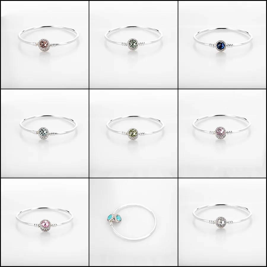 

925 Sterling Silver Bracelets Charms Round Blue Clear Red Color Head Bangles For Women CHARMS Jewelry Gift