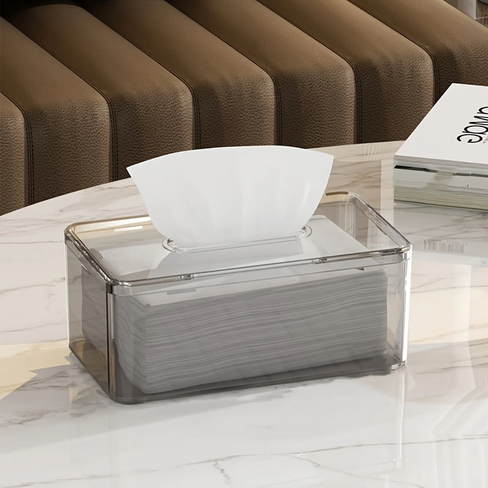 Kosmetiktaschentuchbox mit Abdeckung, Tisch, durchsichtiger Trockner, Blattspender, rechteckig, für Schreibtische, Arbeitsplatten, Waschtisch, Schlafzimmer, Kommoden – Detail 3