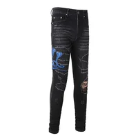 NEw Men's Embroidered Blue Snake Patchwork High Street Distressed Slim Fit Stretch Holes Patches Ripped Washed Black Jeans 2