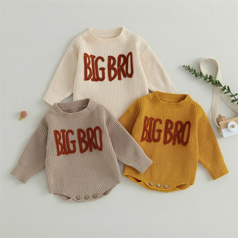 

0-24 Months Infant Sweater Rompers Baby Boys Girls Warm Winter Knit Jumpsuits Long Sleeve Letter Embroidery Crew Neck Bodysuits