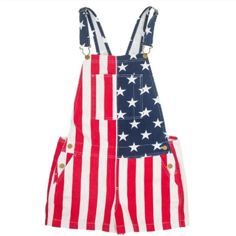 Independence Day Style Men Suspender Pants Fashion High Street American Casual Seven-part Jeans Flags Print Couple's Jumpsuit 23