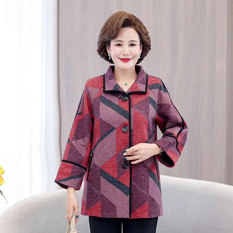 

Middle-aged Woman Luxury Designer Wool Coat Women Geometric patterns Vintage Jackets Elegant Office Lady Outwear